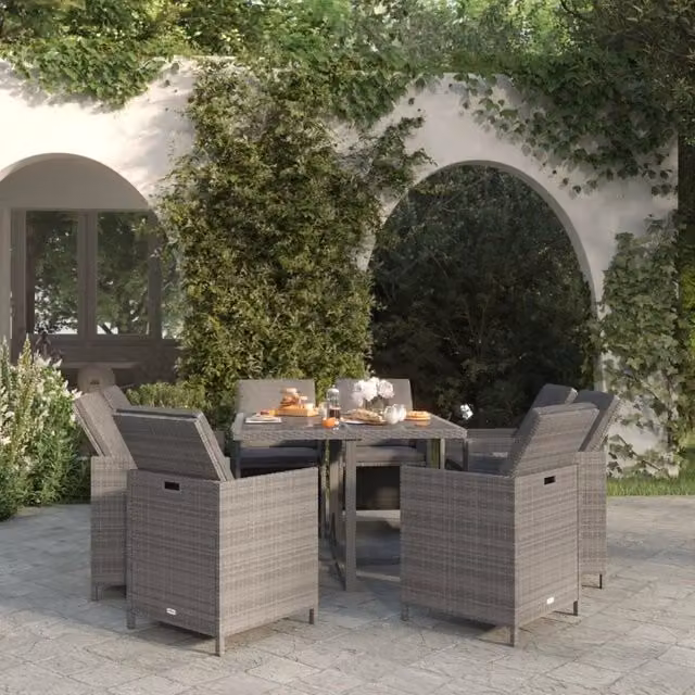 Set Pranzo da Giardino 9 pz con Cuscini in Polyrattan Grigio 3095510