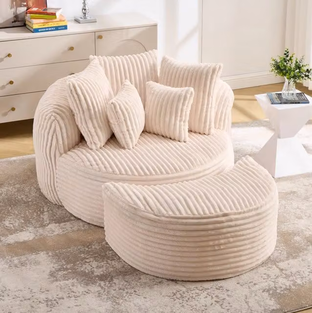Poltrona relax rotonda 168x123x63 cm in tessuto beige con poggiapiedi e 5 cuscini -