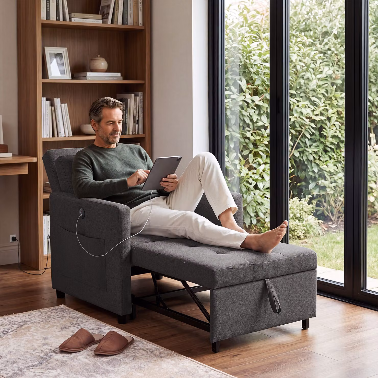 Poltrona letto pieghevole tectake modello relax recliner con braccioli, struttura in metallo e rivestimento in tessuto grigio – 2