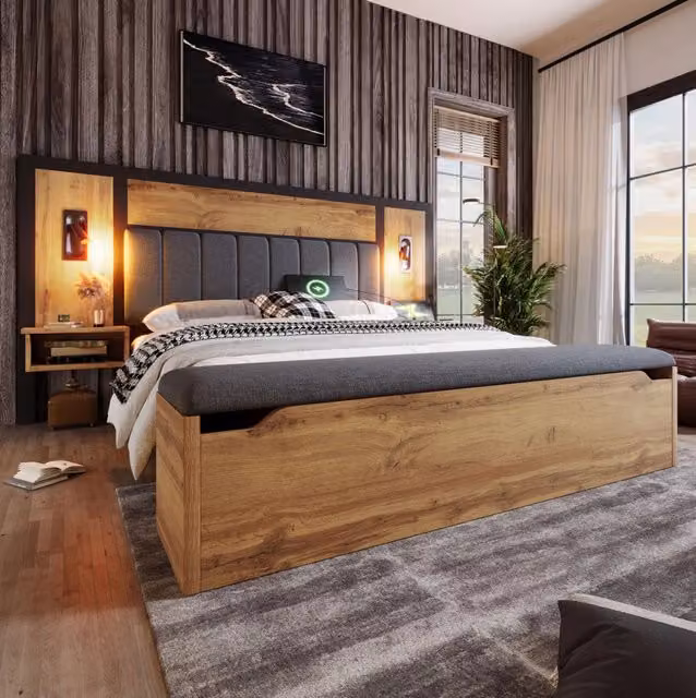 Letto 160x200 cm con luci da lettura; USB C e panca contenitore; metallo; MDF e lino; rovere