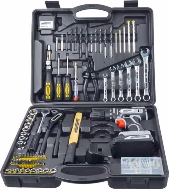 Set di attrezzi portatile Mannesmann da 75 pezzi con trapano ricaricabile in scatola di alluminio multicolore