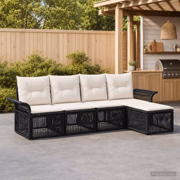 Set Divano da Giardino vidaXL a L in Polyrattan Nero con Cuscini e Ottoman