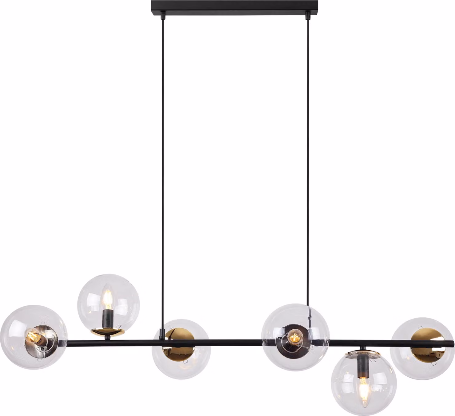 Lampada a sospensione Siena nero oro a 6 luci – Lampada a sospensione moderna con paralume in vetro trasparente E14 per soggiorno e sala da pranzo