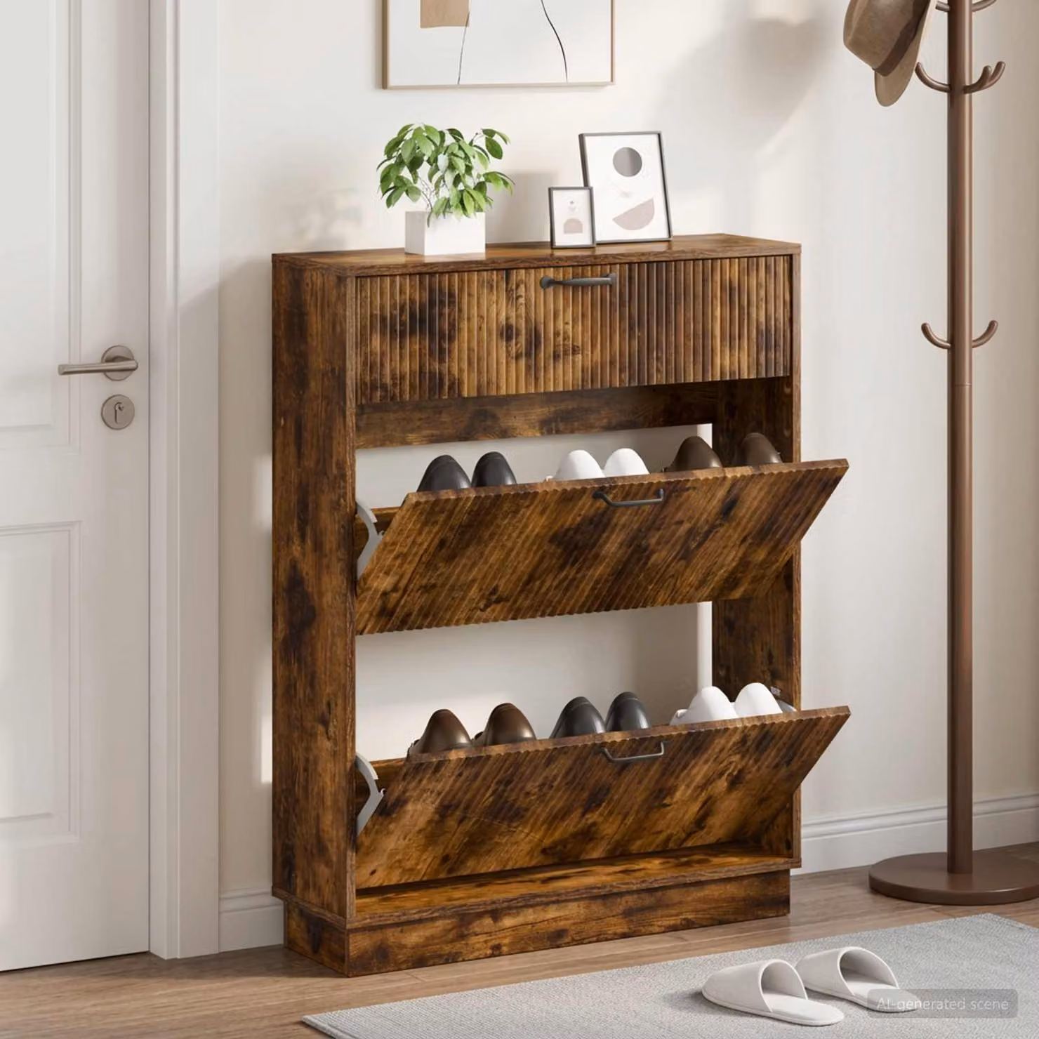 Scarpiera mobile vidaXL HOORN in legno e metallo, marrone e nero, L: 78 cm, P: 24 cm, H: 100 cm
