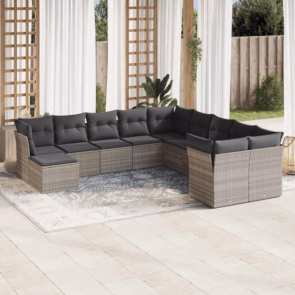 vidaXL Set Divani da Giardino 11 pz a Forma a U in Polyrattan Grigio con Cuscini e Struttura in Acciaio