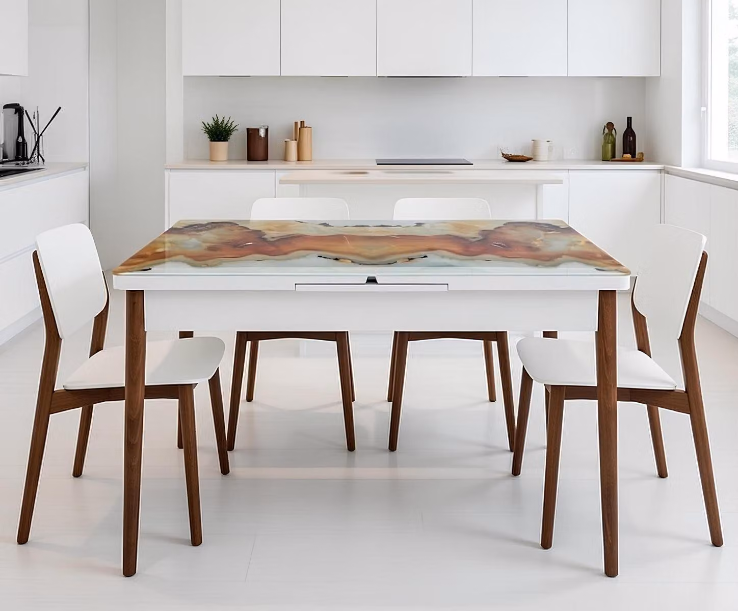 Tavolo da pranzo moderno, in marmo, comodo, elegante, bianco, in legno, nuovo