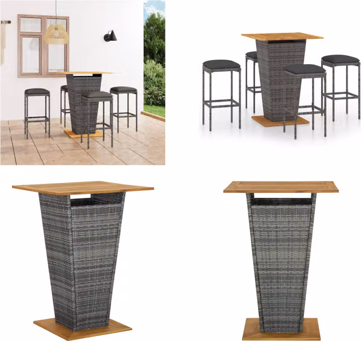 vidaXL Set bar da giardino 5 pezzi con cuscini in poly rattan grigio - Set da bar - Set da bar - Tavolo e sgabelli da bar - Tavolo da bar