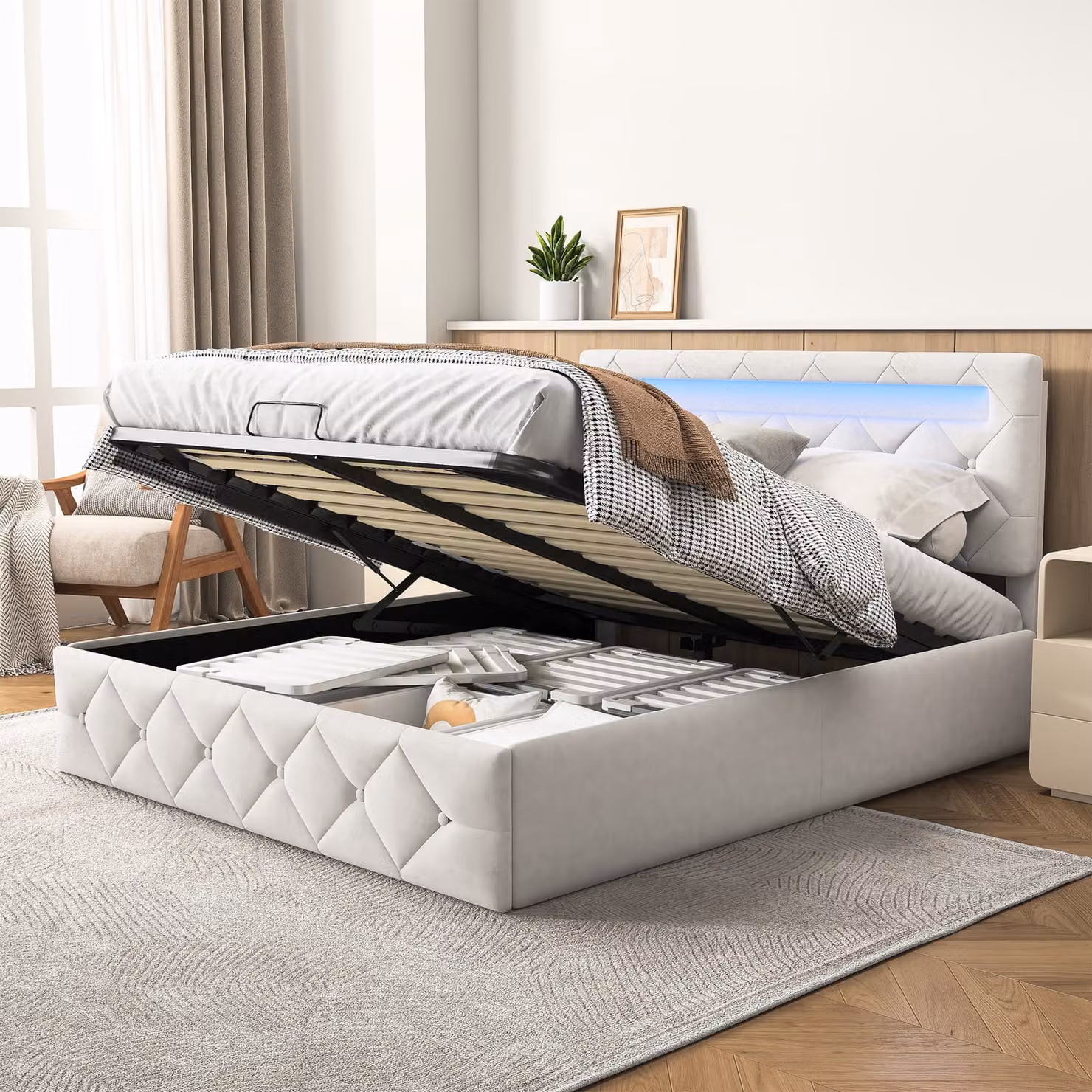 Letto 140x200 cm con illuminazione a LED, rete a doghe e ampio spazio contenitivo, color beige