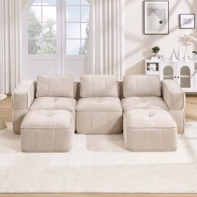 Divano 3 posti modulare con 2 poggiapiedi ¨C Minimal ¨C Beige, tessuto morbido