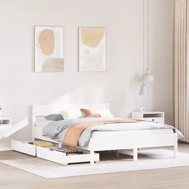 Letto matrimoniale vidaXL in legno massello di pino bianco con cassetti L/P/H: 140 x 200 x 105,5 cm