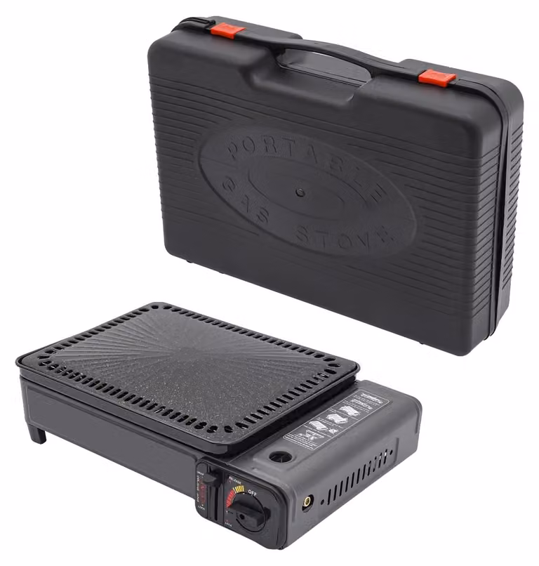 Griglia portatile a gas butano, con controllo della temperatura regolabile, design compatto, colore nero