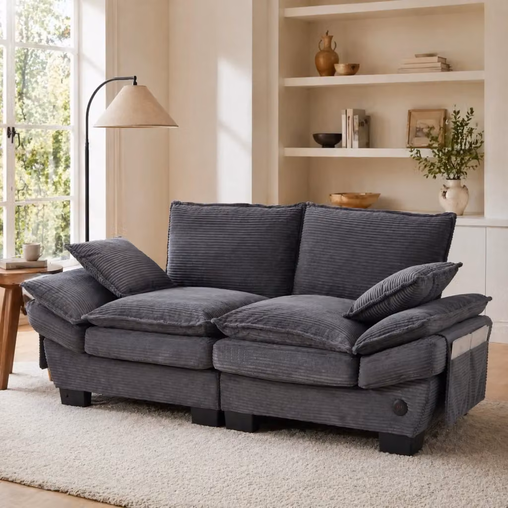 Divano a 2 posti Mivray in velluto a coste grigio con porta USB e seduta ergonomica L/P/H: 190 x 84 x 73 cm – 2