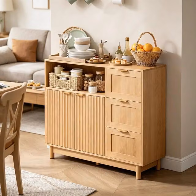 Credenza Mivray per cucina e soggiorno con vano aperto, tre cassetti e ripiani regolabili in MDF, colore marrone e beige, L: 90 cm, P: 35 cm, H: 80 cm – 1
