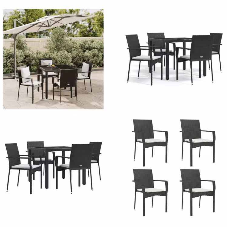 vidaXL Set da pranzo da giardino 5 pezzi con cuscini in poly rattan nero - Set da pranzo da giardino - Set da pranzo da giardino - Set da pranzo da terrazza
