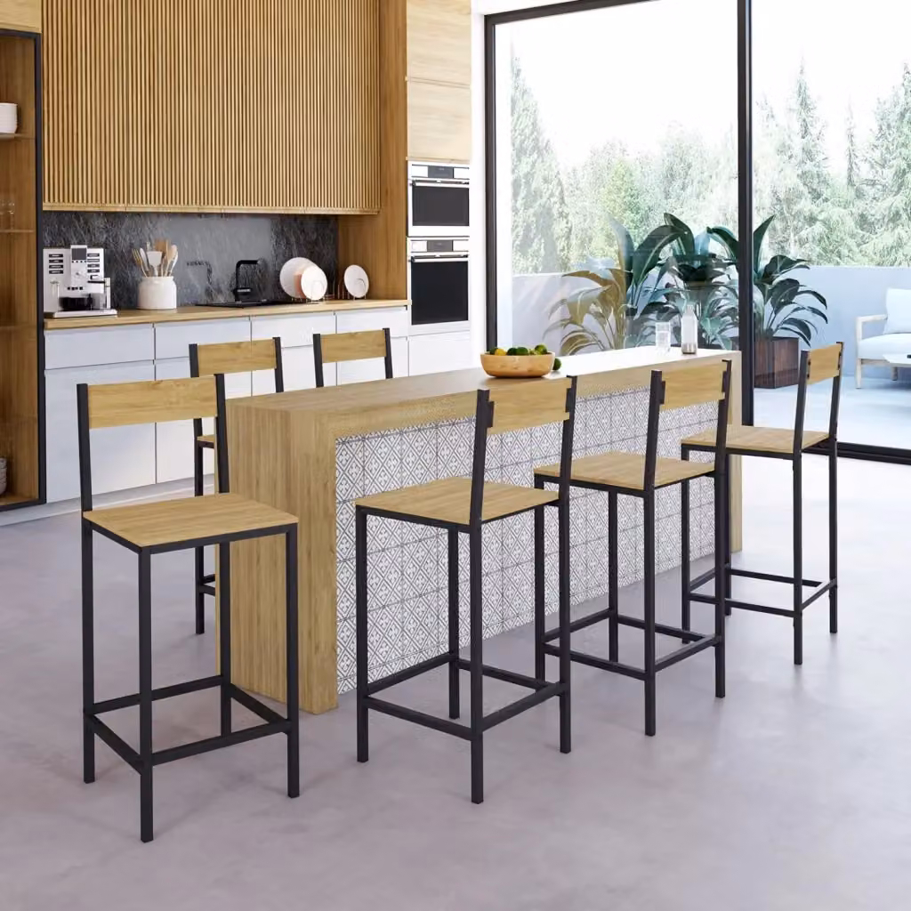 Set di 6 sgabelli da bar DETROIT IDMarket in stile industriale con schienale, struttura in metallo nero e seduta marrone – 2