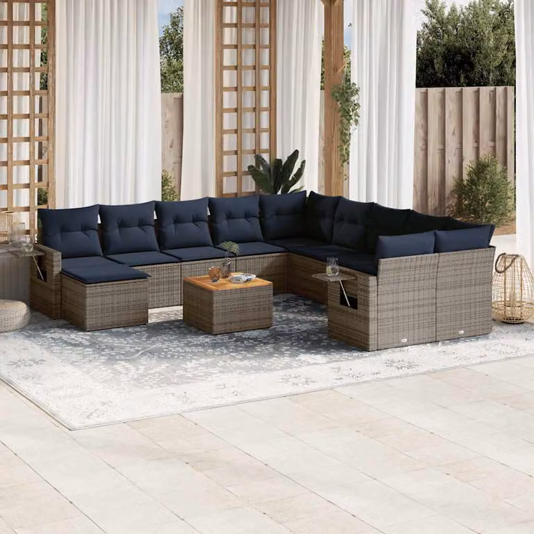 Set di divani da giardino vidaXL in polyrattan grigio e blu con cuscini, tavolino e pouf, design moderno a forma di L con struttura in acciaio e legno di acacia