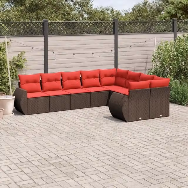 Set Divani da Giardino 9 pz con Cuscini Marrone in Polyrattan 3221843