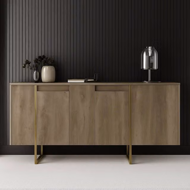 Credenza Arta, Buffet da soggiorno, Madia da salotto, Dispensa da cucina, 160x35h80 cm, Noce e Oro
