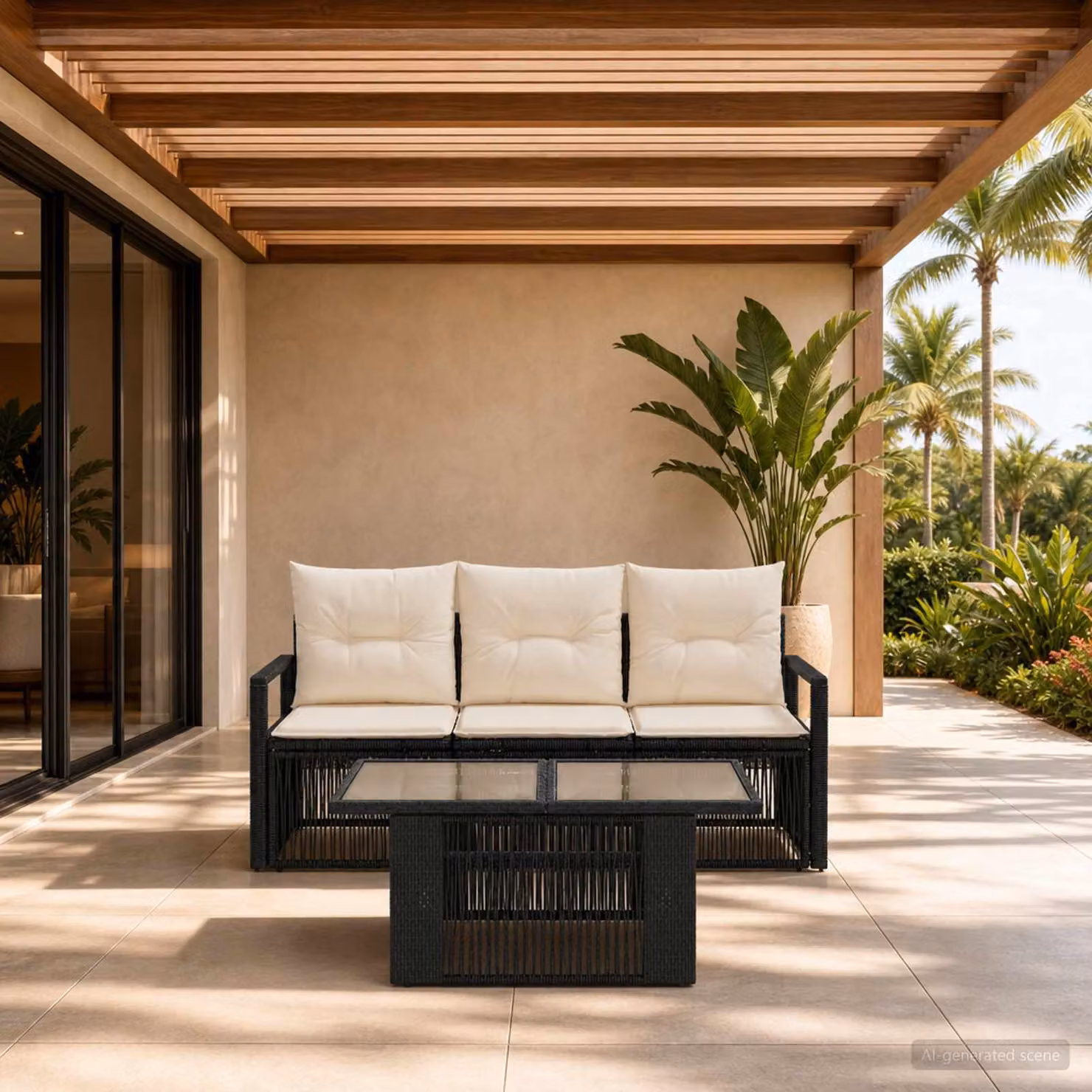 Set Divano da Giardino vidaXL 4 Pezzi in Polyrattan con Tavolino e Cuscini, Nero e Bianco Crema