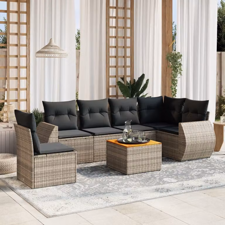 vidaXL Set Divani da Giardino a L 7 pz in Polyrattan Grigio con Cuscini e Tavolino