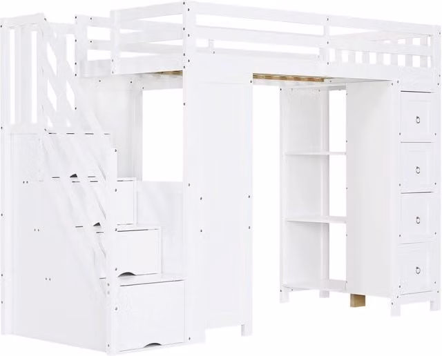 Letto a soppalco singolo bianco con scrivania, cassetti e mensole per camera dei bambini o home office, L/P: 200 x 90 cm
