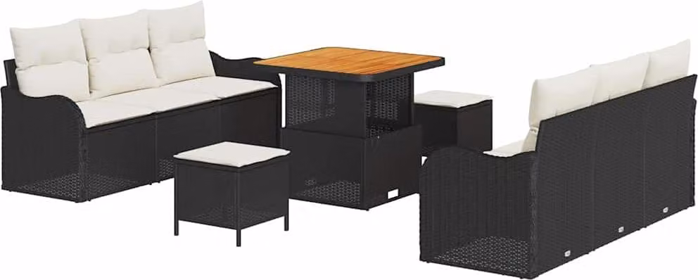 Set Divano da Giardino con cuscino 9 pcs Nero polyrattan