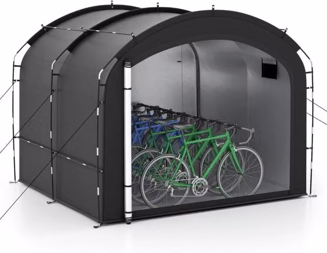 Carport curva per biciclette e attrezzature con copertura impermeabile in fibra di vetro, colore nero, L: 254 cm, P: 192 cm, H: 215 cm