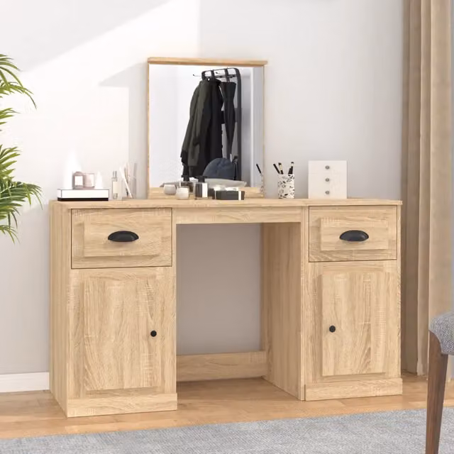 Toeletta con specchio moderna vidaXL in rovere color marrone L: 130 cm, P: 50 cm, H: 132,5 cm