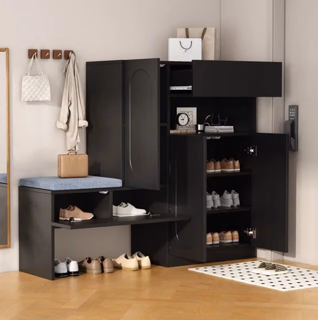 Mobile Porta Scarpe 2-in-1 con Ante Curve, Ripiani Regolabili e Panca Imbottita, Nero, 130x35x110 cm