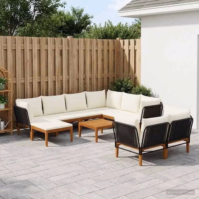 Set di 10 sedie da giardino vidaXL in legno di acacia e corda naturale, colore marrone e bianco, stile moderno