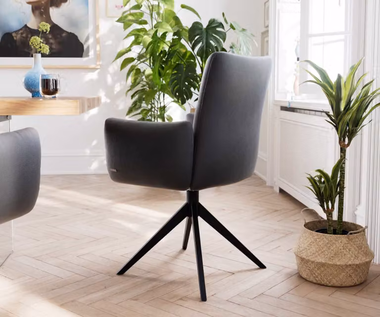 DELIFE Sedia girevole Jova-Flex con braccioli in vera pelle nera, base a croce larga nera, girevole a 360°, molle insacchettate
