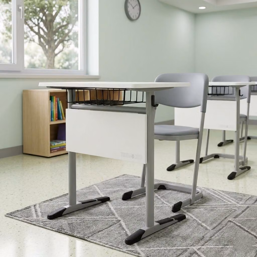 Set scolastico moderno ed ergonomico: scrivania grigia, sedia grigia, scrivania singola