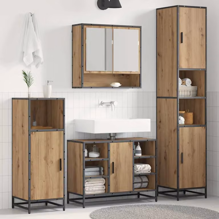 Set di mobili per il bagno vidaXL 3 pezzi in rovere con specchio e illuminazione LED, colore marrone e nero