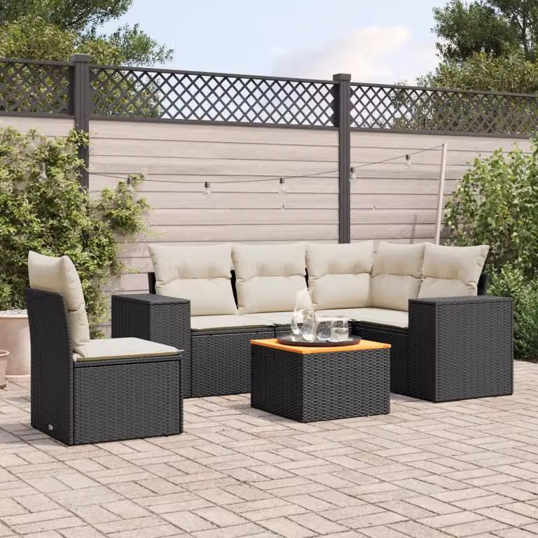 vidaXL Set Divano da Giardino a L in Polyrattan Nero con 6 Cuscini e Tavolino da Esterno