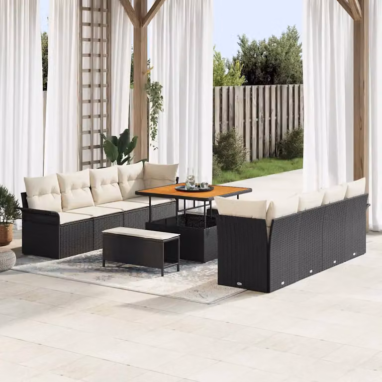 Set Divano da Giardino vidaXL a Forma a U con 11 Pezzi, Nero e Beige con Cuscini e Tavolino da Esterno