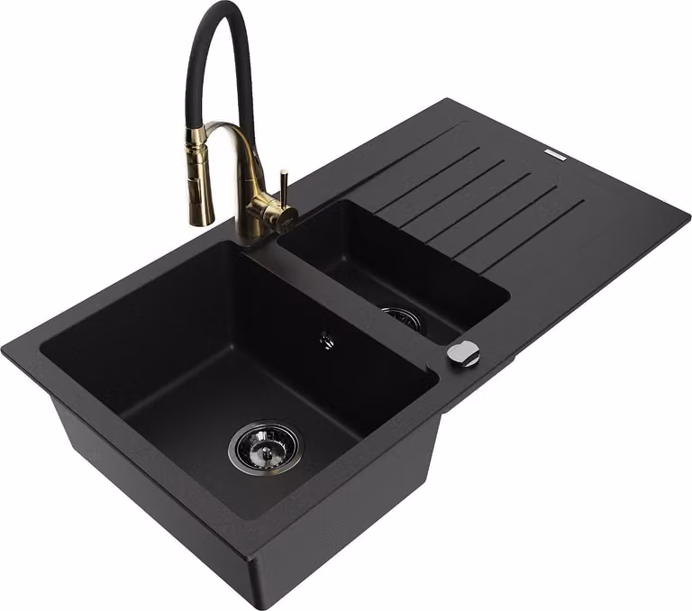 Mexen Matias lavello in granito da 1,5 vasche con scolapiatti e rubinetto da cucina Aster, nero - 6502-77-73450-57-B