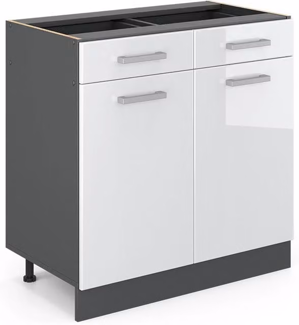 Mobiletto base per cucina Vicco R-Line Bianco lucido e Antracite con ante a battente e cassetti L: 80 cm, P: 46 cm, H: 81,6 cm – 1