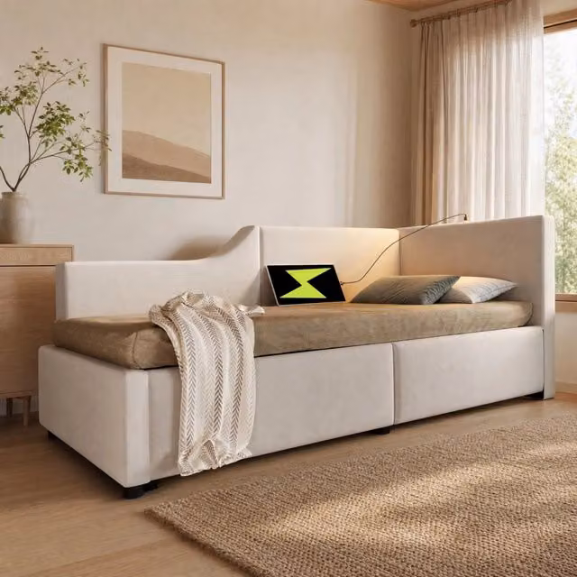 Letto da giorno 90x190 cm con vano contenitore; rete idraulica; lampada da lettura e USB-C; beige