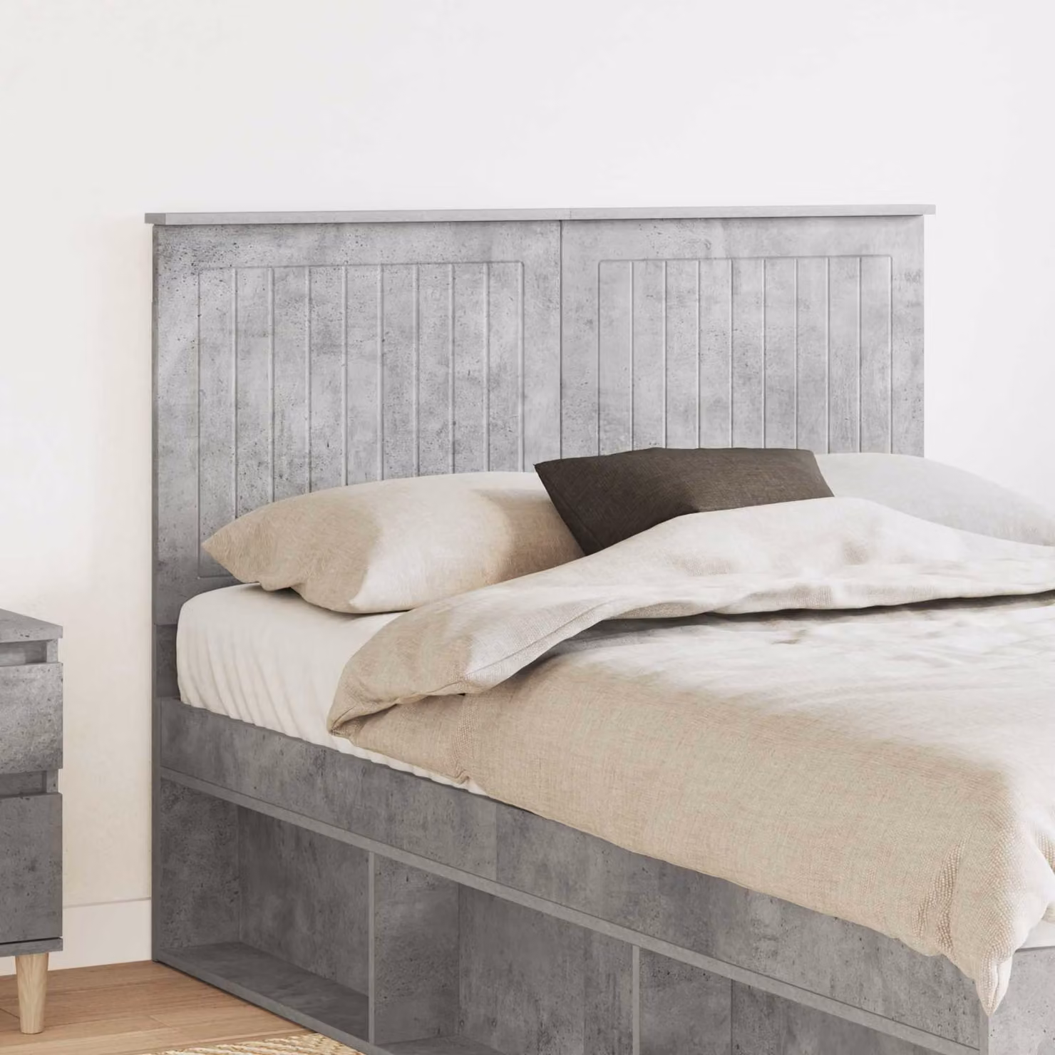 Testiera per letto moderna vidaXL in legno ingegnerizzato, Grigio cemento con scomparti laterali