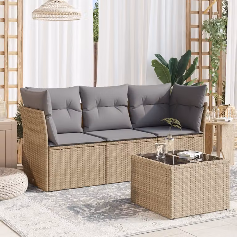 Set Divano da Giardino vidaXL 4 pz a Forma a L con Tavolino in Polyrattan e Cuscini Beige