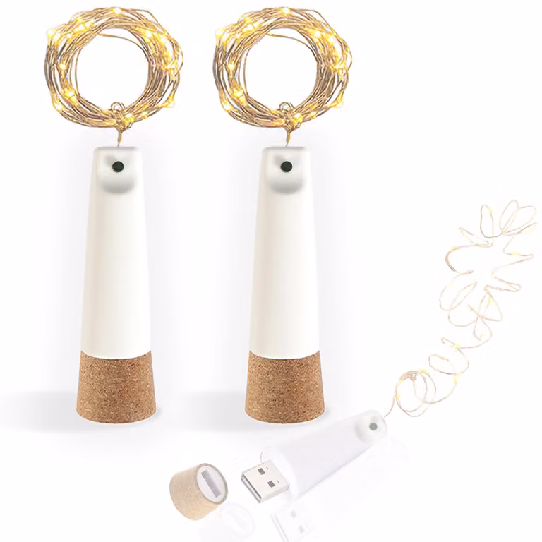 Illuminazione a LED per bottiglie, 2 metri, 20 luci, bianco caldo, ricaricabile tramite USB, 8 modalità
