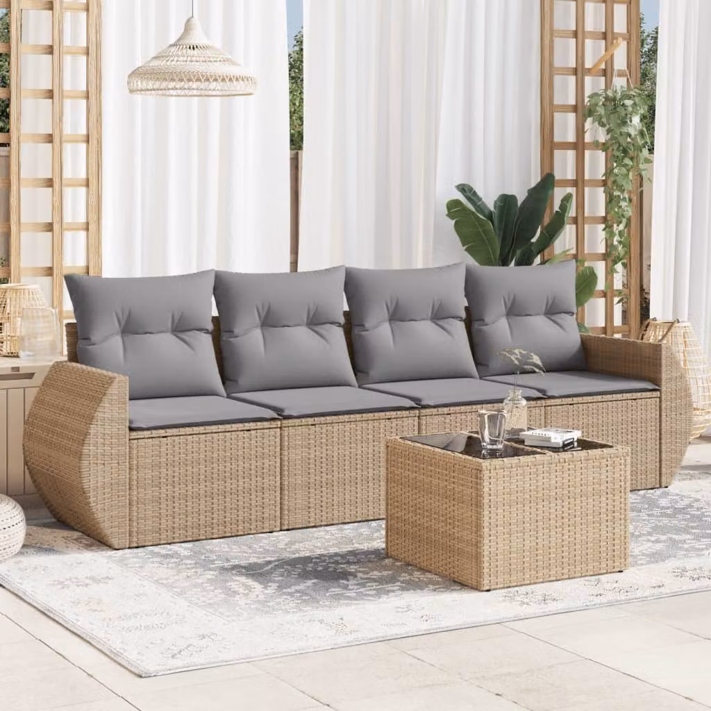 vidaXL Set Divano da Giardino 5 pz con Cuscini Beige e Grigio in Polyrattan e Acciaio