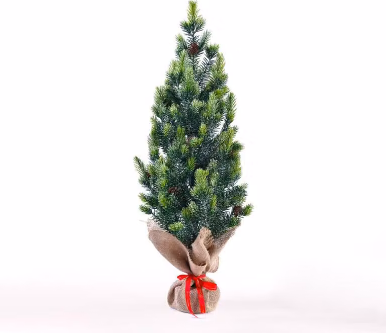 Piccolo albero di Natale artificiale da 50 cm per la tavola con pigne e neve artificiale
