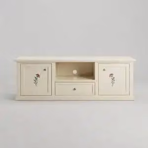 Mobile Porta tv 2 ante 1 vano 1 cassetto avorio anticato decorato a mano rametta