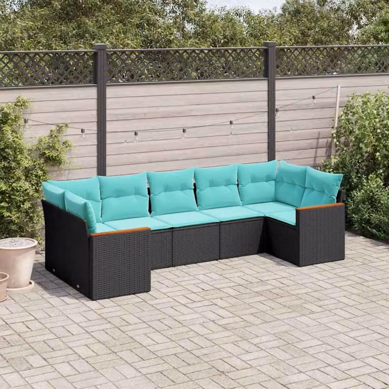 Set di divani da giardino vidaXL in polyrattan nero con cuscini e struttura in metallo a forma di L per esterno