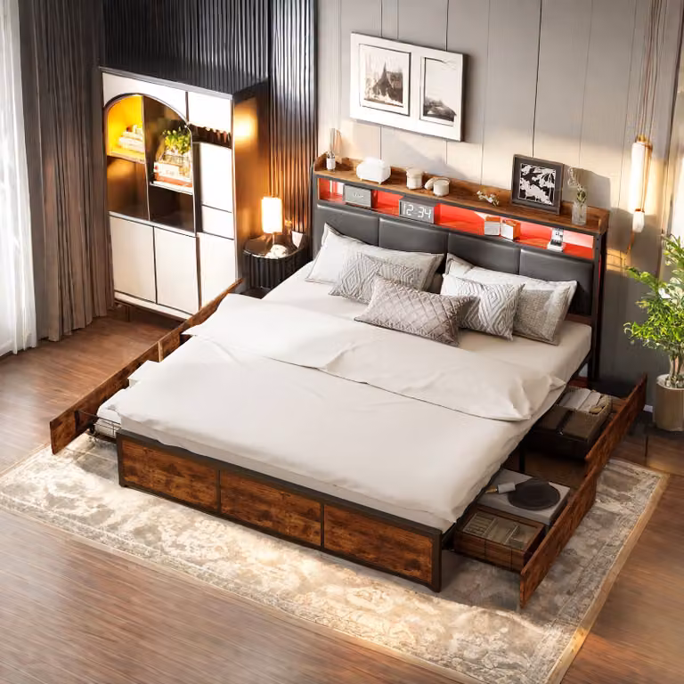 Letto imbottito 140x200cm, letto matrimoniale con 4 cassetti, letto contenitore letto giovanile con rete a doghe e led, letto funzionale letto in legno massiccio, PU, nero