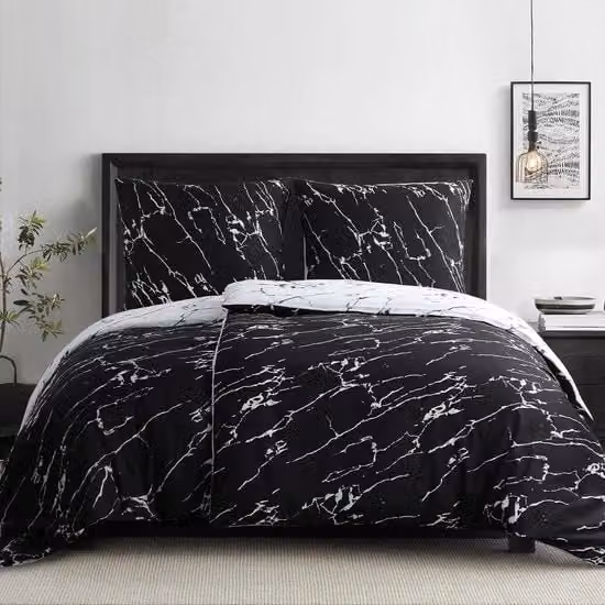 Set di 4 coperte in microfibra con motivo grafico marmo nero, comprensivo di 2 cuscini con fodera e lenzuolo con angoli elastici, lavabile in lavatrice, L/P/H: 135 x 200 cm