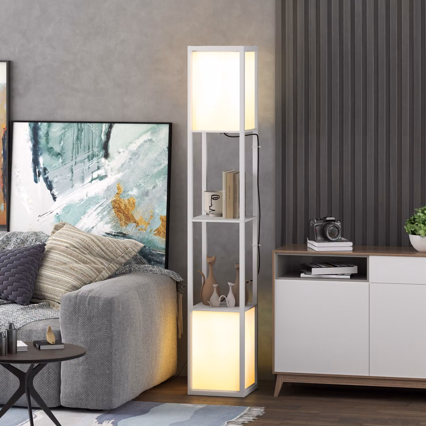 HOMCOM Lampada da terra moderna bianca con 2 paralumi in tessuto e 2 ripiani, L/P/H: 26 x 26 x 156 cm – 2
