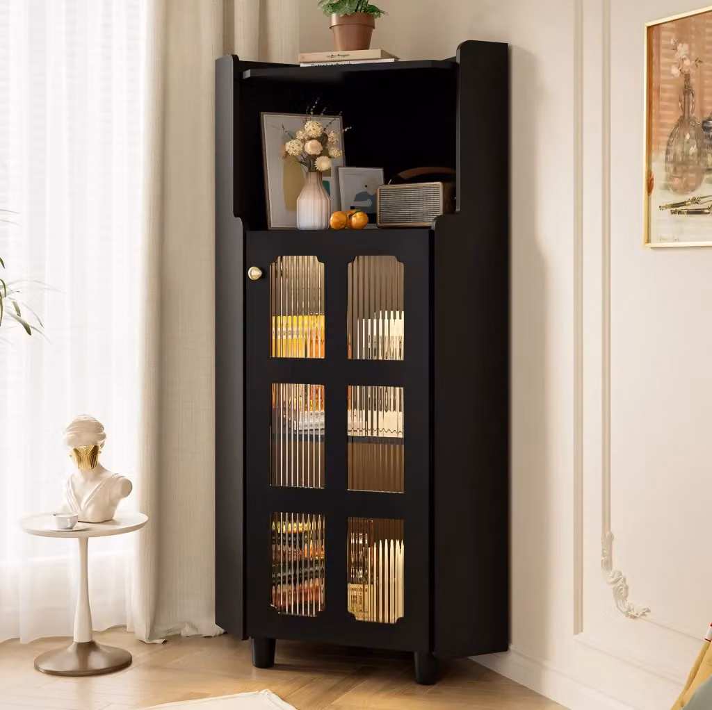 Mobile angolare MODFU con illuminazione LED integrata e ante in vetro, finitura laccata nera, L: 124 cm, P: 63,5 cm – 2