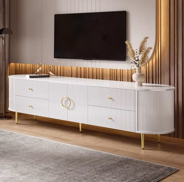 Mobile TV moderno 180x40x38 cm con struttura ondulata; MDF bianco; maniglie in alluminio